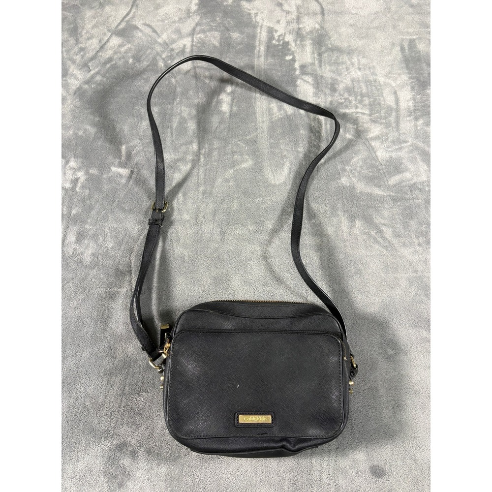 Calvin Klein Womens Saffiano Crossbody Camera Bag Small Black Gold Logo Plate